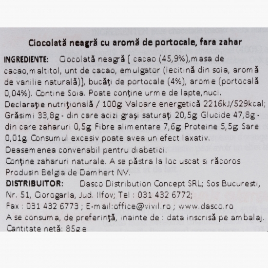 Ciocolată neagră cu aromă portocale, fără zahăr 85g