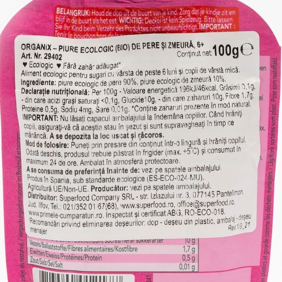 Piure ecologic de pere și zmeură, 6+ luni, 100g
