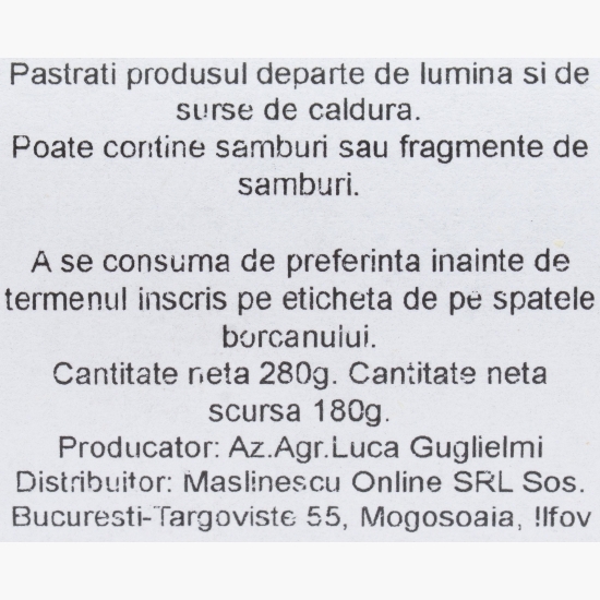 Măsline negre Leccino fără sâmburi, condimentate, în ulei de măsline extravirgin, by Măslinescu, 280g