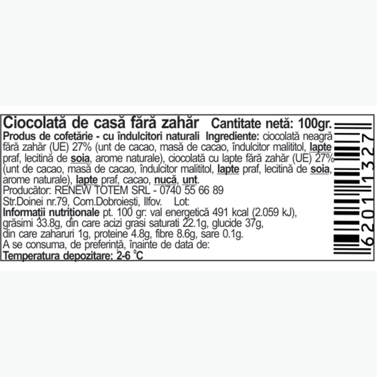 Ciocolată de casă fără zahăr 100g