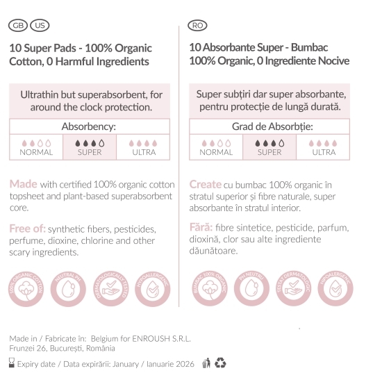 Absorbante bumbac organic Super, 10 buc