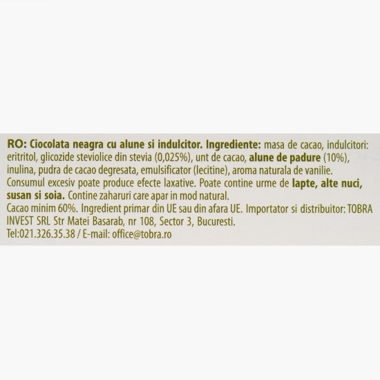 Ciocolată neagră cu alune, cu Stevia, fără zahăr adăugat 125g