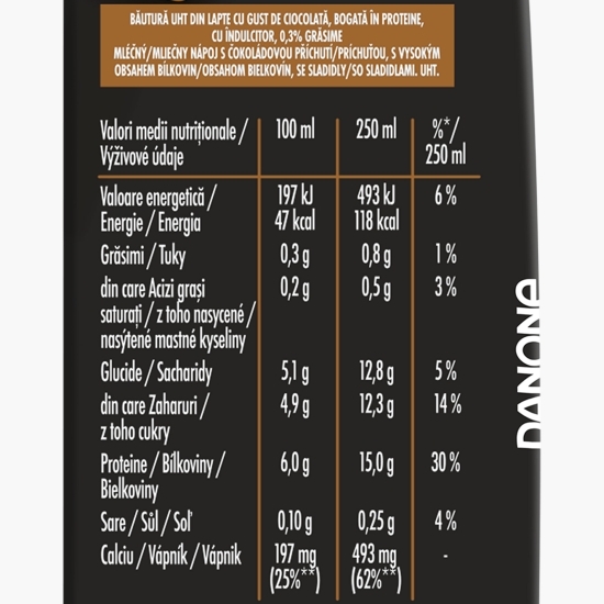 Băutură UHT din lapte cu gust de ciocolată, bogată în proteine, 0.25l