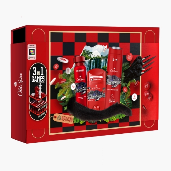 Set cadou Gamebox Nightpanther: gel de duș 400ml + deodorant stick 50ml + deodorant spray 150ml + 3 jocuri de societate