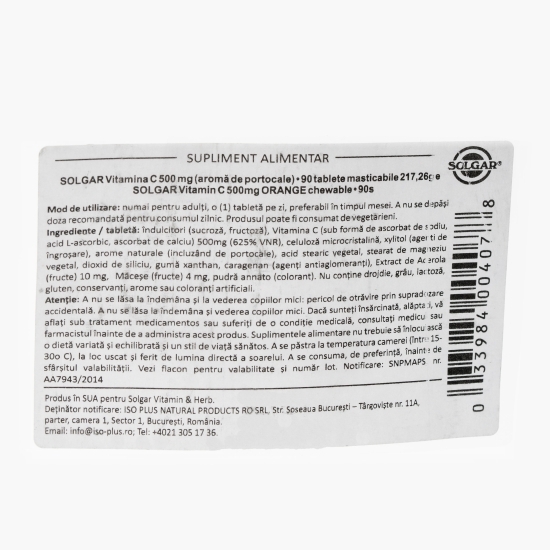 Vitmina C 500mg, 90 tablete masticabile