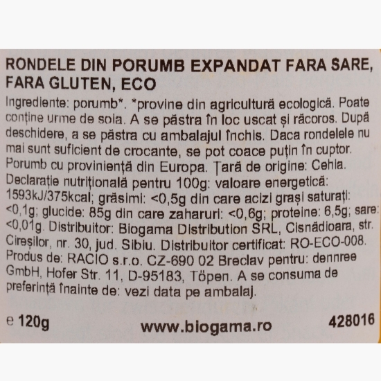 Rondele din porumb expandat eco, fără sare, fără gluten, 120g