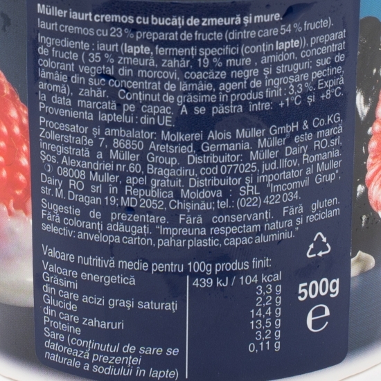 Iaurt cu bucăți de mure și zmeură 500g