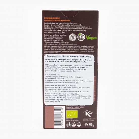 Ciocolată neagră eco vegană cu 70% cacao și aromă de chia și grepfrut 70g