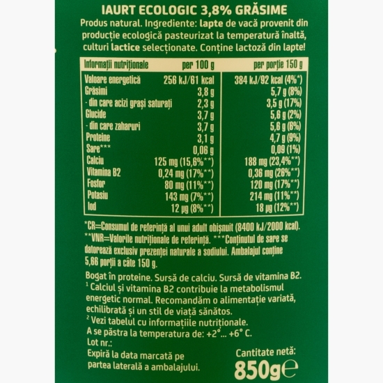 Iaurt natural eco 3.8% grăsime 850g