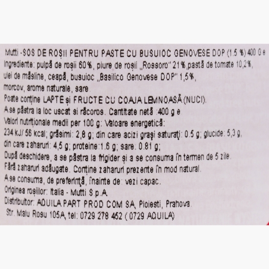 Sos pentru paste cu roșii Rossoro și busuioc genovez PDO 400g