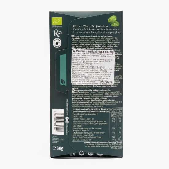 Ciocolată neagră  eco 70% cacao, cu mentă și maca 60g