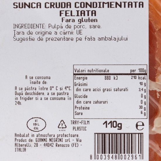 Prosciutto crudo, șuncă crudă condimentată, feliată 110g 