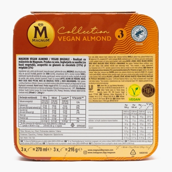 Înghețată vegană de vanilie, cu glazură de ciocolată și migdale, 3x90ml (3x72g)