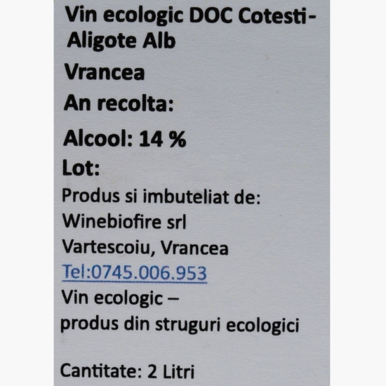 Vin alb demisec eco Aligote, 14%, bag-in-box, 2l