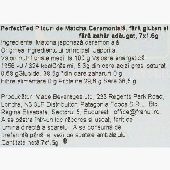 Plicuri matcha ceremonială, fără gluten, fără zahăr adăugat, 7x1.5g