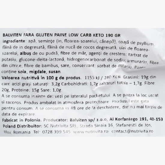 Pâine Keto cu conținut redus de carbohidrați, fără gluten, 190g