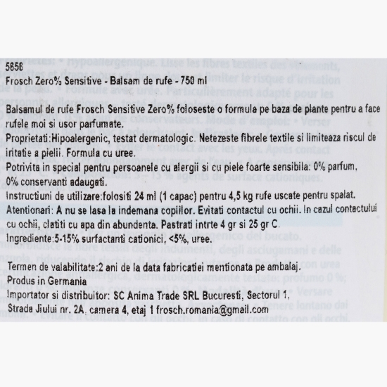 Balsam de rufe eco, hipoalergenic, Sensitive Zero%, 31 spălări, 0.75l