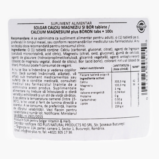 Calciu, Magneziu și Bor 100 tablete