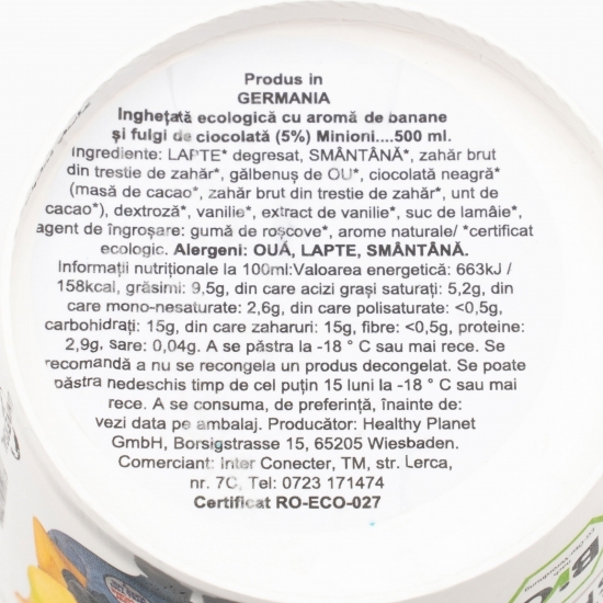 Înghețată Minions eco cu aromă de banane și bucăți de ciocolată 250g