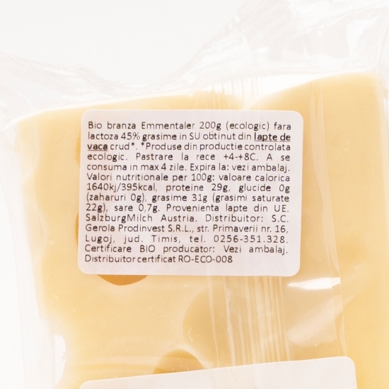 Brânză Emmentaler eco fără lactoză 45% grăsime 200g 