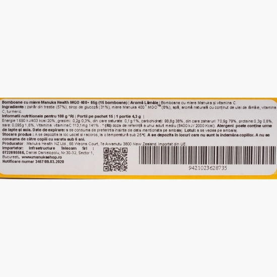 Bomboane cu miere de Manuka MGO 400+, Vitamina C, aromă de lămâie, 65g