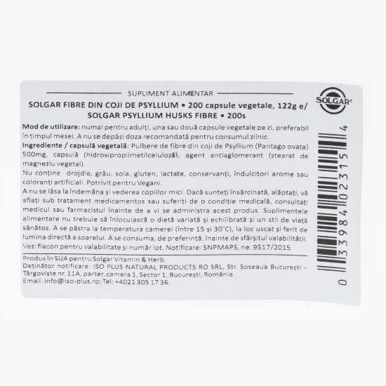 Fibre din coji de psyllium, 200 capsule vegetale