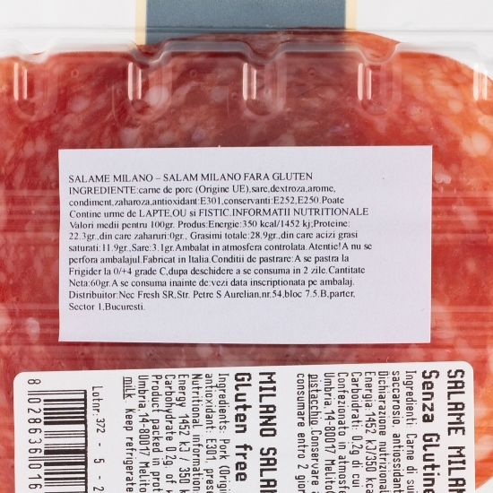 Salam Milano feliat fără gluten 60g