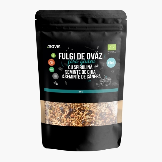 Fulgi de ovăz fini eco, fără gluten, cu spirulină, semințe de chia și semințe de cânepă 200g