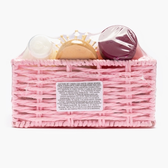 Set cadou cireșe&fistic coș: gel de duș 250ml + lapte de corp 250ml + scrub violete 500ml+ perie de păr