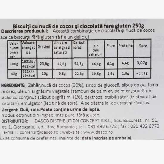 Biscuiți cu nucă de cocos și ciocolată fără gluten 250g