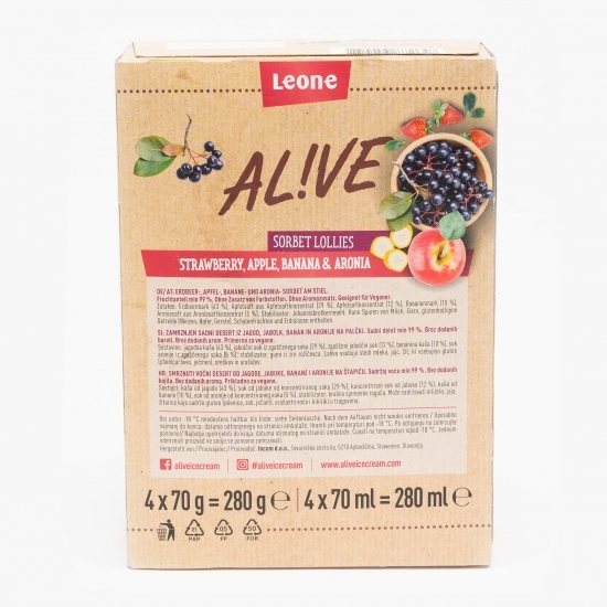 Sorbet pe băț cu aromă de căpșuni, banane, mere și aronia 4x70g