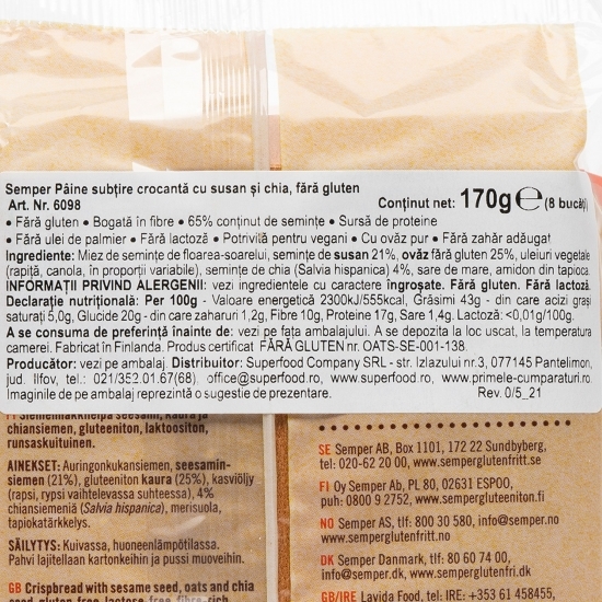 Pâine subțire crocantă cu susan și chia, fără gluten 170g