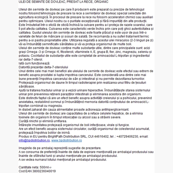 Ulei de semințe de dovleac, presat la rece 500ml