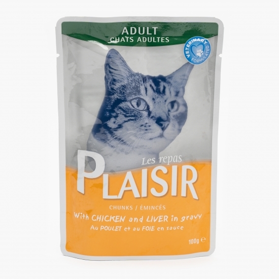 Hrană umedă pentru pisici adult, 100g, pui și ficat 