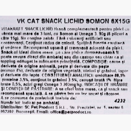 Snack lichid pentru pisici, cu somon și omega 3, 6x15g