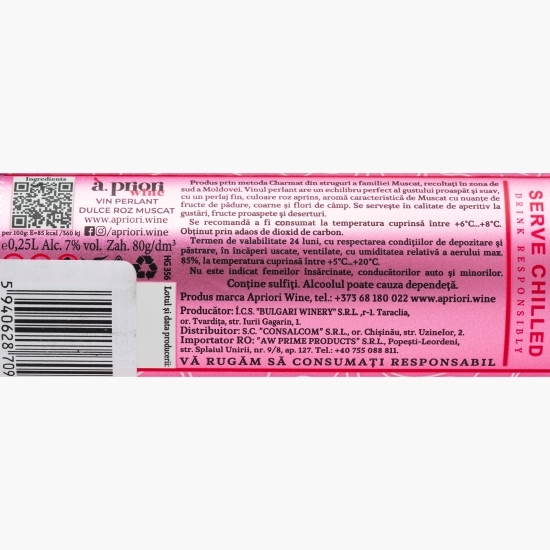 Spumant rose dulce Muscat, 7% alcool, 0.25l