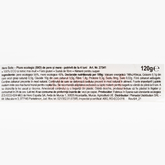 Piure eco de pere și mere, +4 luni, 120g