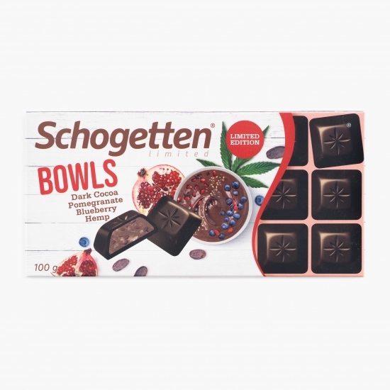 Ciocolată amăruie cu cacao, rodie, coacăze și semințe de cânepă 100g