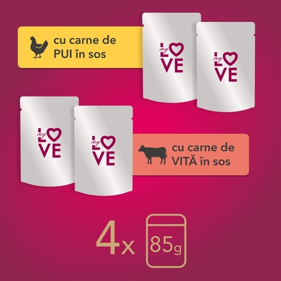 Set hrană umedă pentru pisici, cu pui și vită, 4x85g