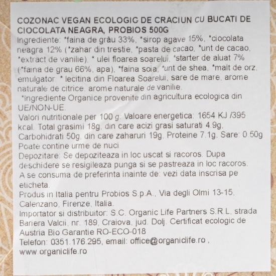 Cozonac vegan ecologic de Crăciun cu bucăți de ciocolată neagră 500g