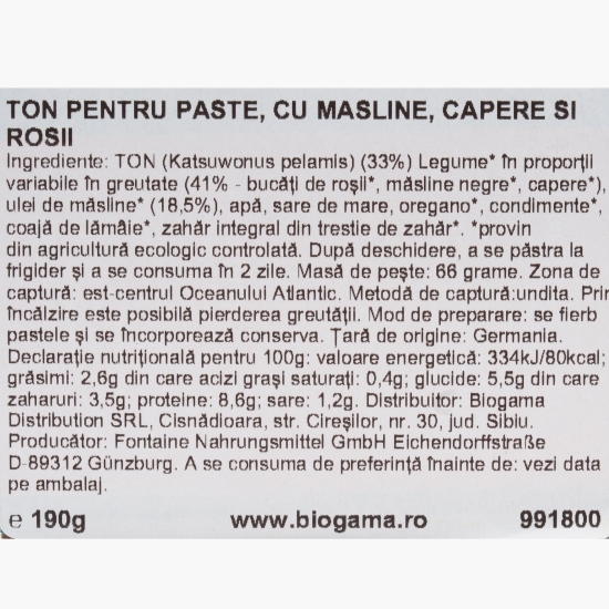 Ton pentru paste cu măsline, capere și roșii, 190g