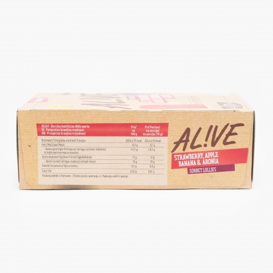 Sorbet pe băț cu aromă de căpșuni, banane, mere și aronia 4x70g