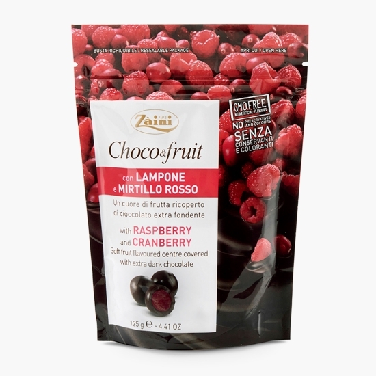 Bomboane din ciocolată neagră Choco&Fruit cu zmeură și merișoare 125g