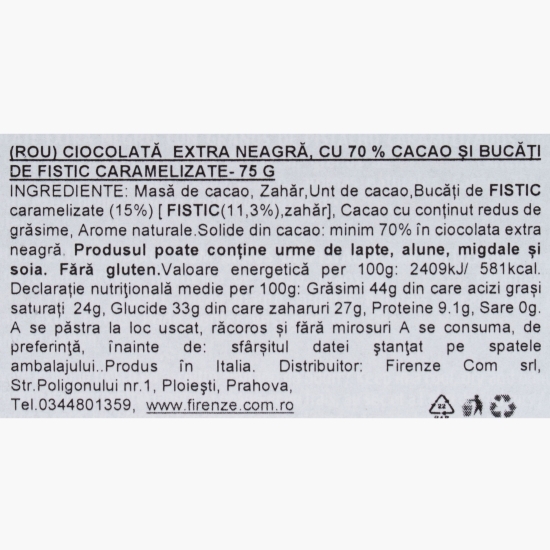 Ciocolată neagră cu fistic caramelizat, 70% cacao, 75g