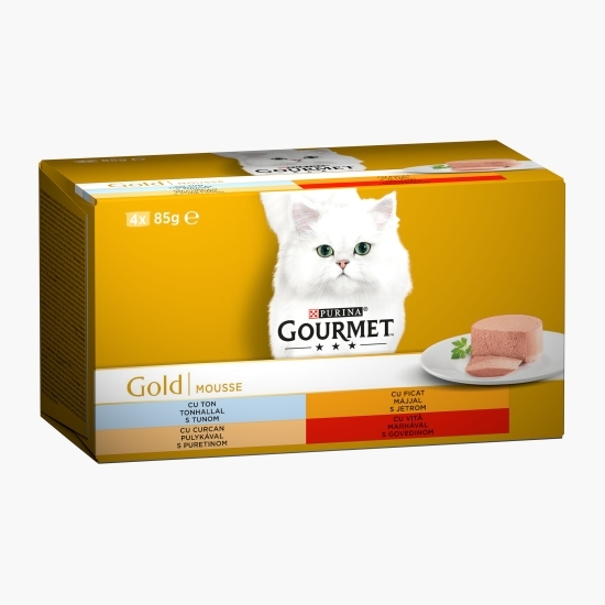  Hrană umedă pentru pisici, 4x85g, Multipack Mousse vită, ton, ficat și curcan