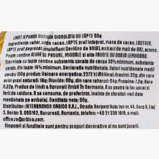 Iepuraș auriu de ciocolată cu lapte de Paște 50g