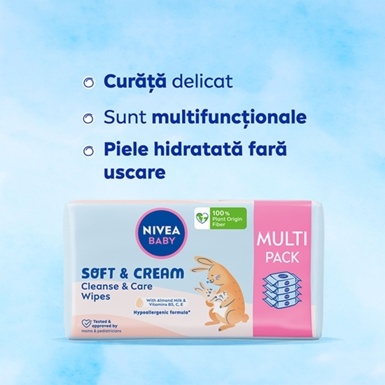 Șervețele umede pentru bebeluși Baby Soft & Cream Cleanse & Care Multipack, 4 pachete x 57 buc
