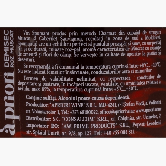 Vin spumant roze demisec Muscat, 12%, 0.75l 