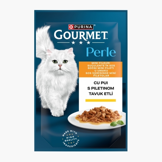 Hrană umedă pentru pisici, 85g, mini fileuri în sos, pui