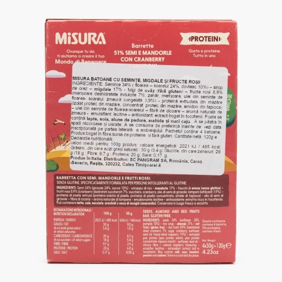 Baton cu semințe, migdale, merișoare, zmeură, cu proteine vegetale 120g